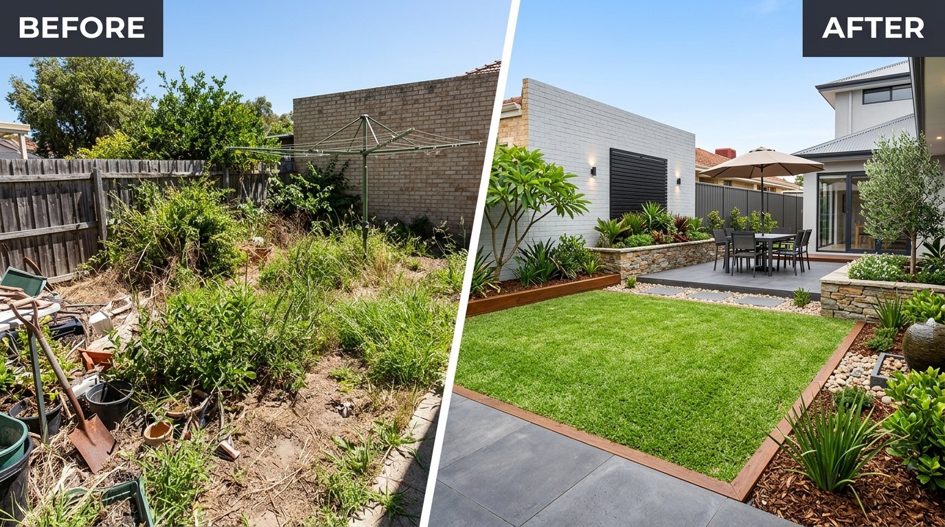 Before and after garden renovation transformation by Dawson Landscaping Perth