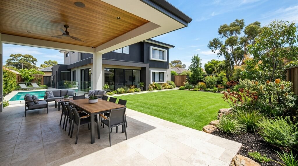 Modern Perth paved backyard with lush lawn and native Australian garden design by Dawson Landscaping & Maintenance