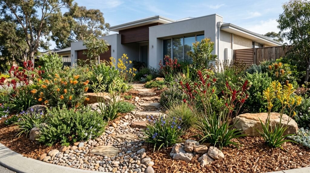 Waterwise native Australian garden design featuring kangaroo paws and organic mulch in Perth