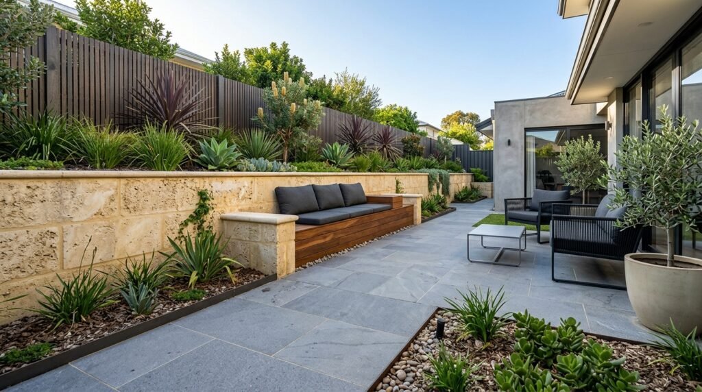 Custom limestone retaining wall and paving hardscaping in Perth residential garden