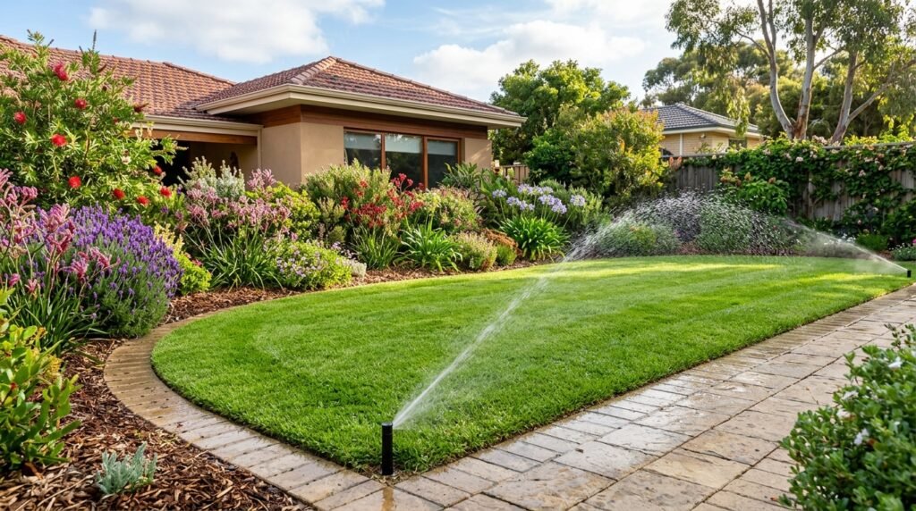 Automated reticulation sprinkler system watering healthy green lawn in Perth